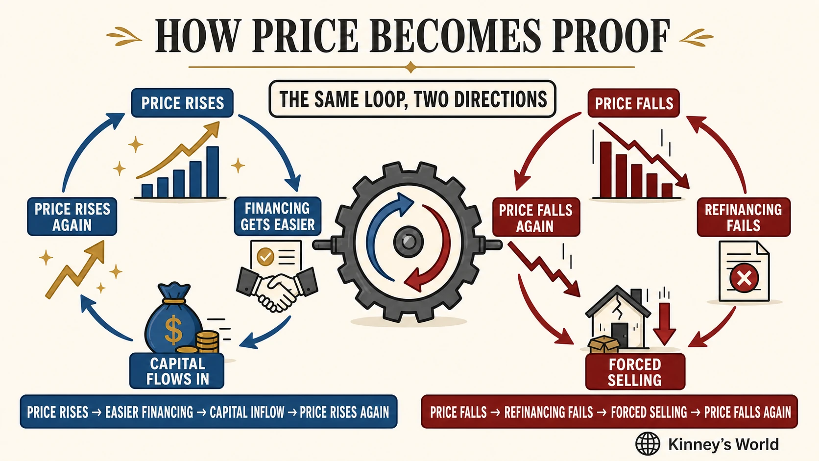 How rising and falling prices create opposite self-reinforcing loops