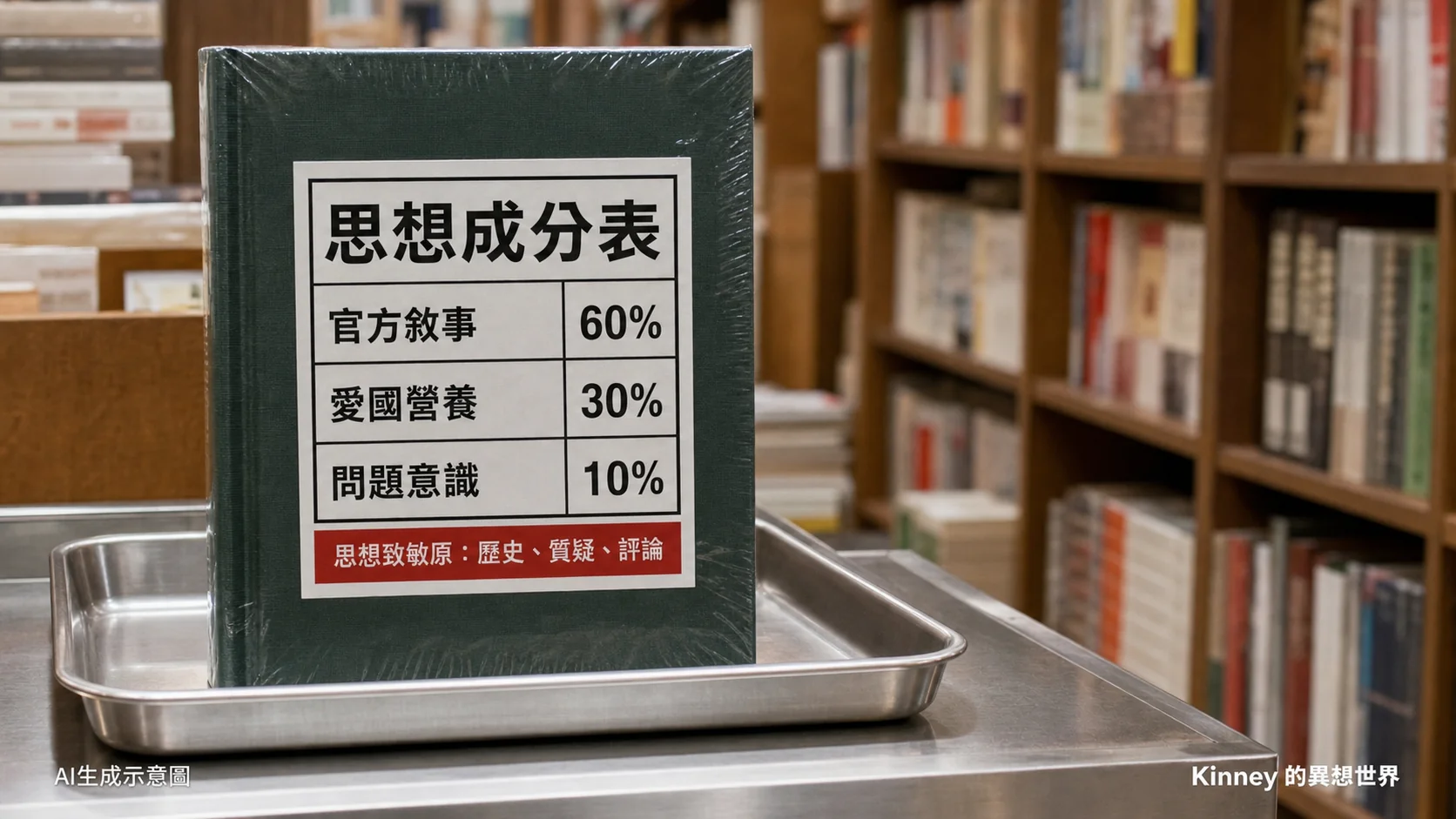 書籍包裝上的思想成分表，列出官方敘事、愛國營養和問題意識