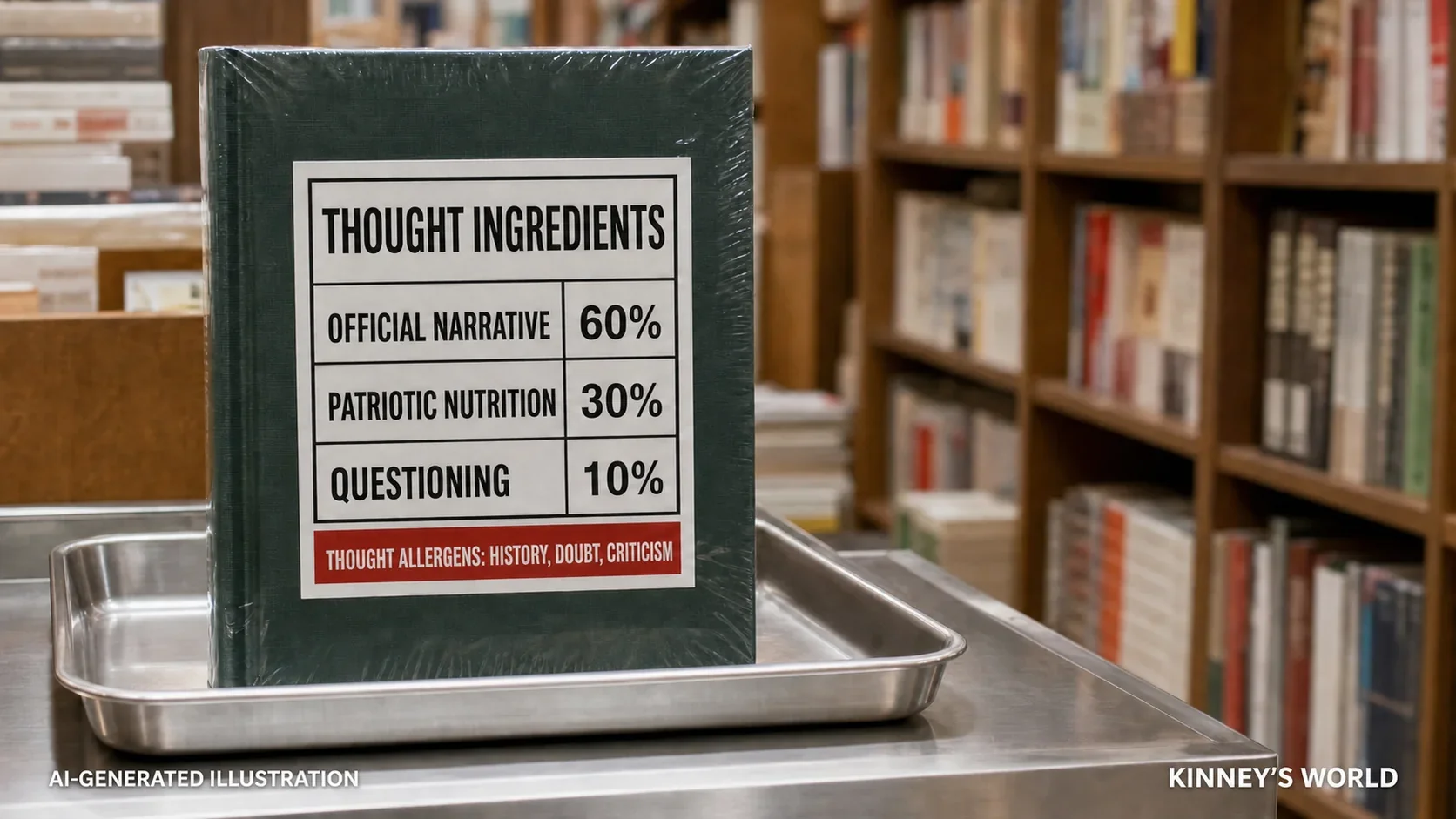 A thought-ingredient label listing official narrative, patriotic nutrition and questioning