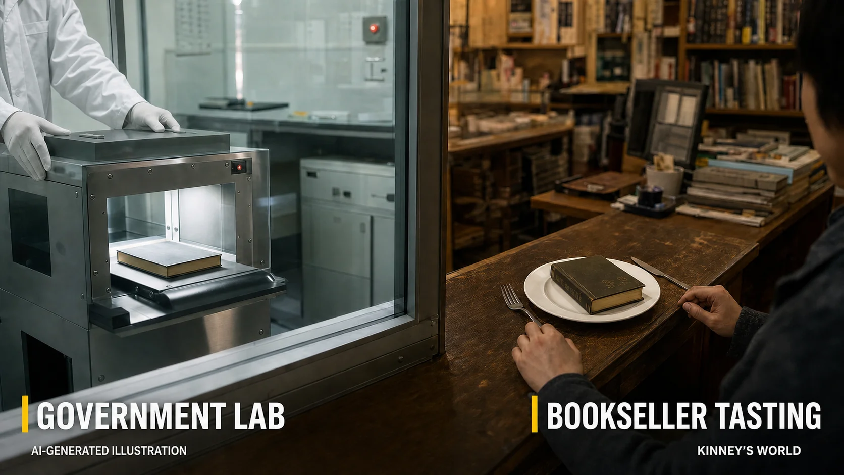 The government tests a book in a laboratory while a bookseller tastes one in the shop