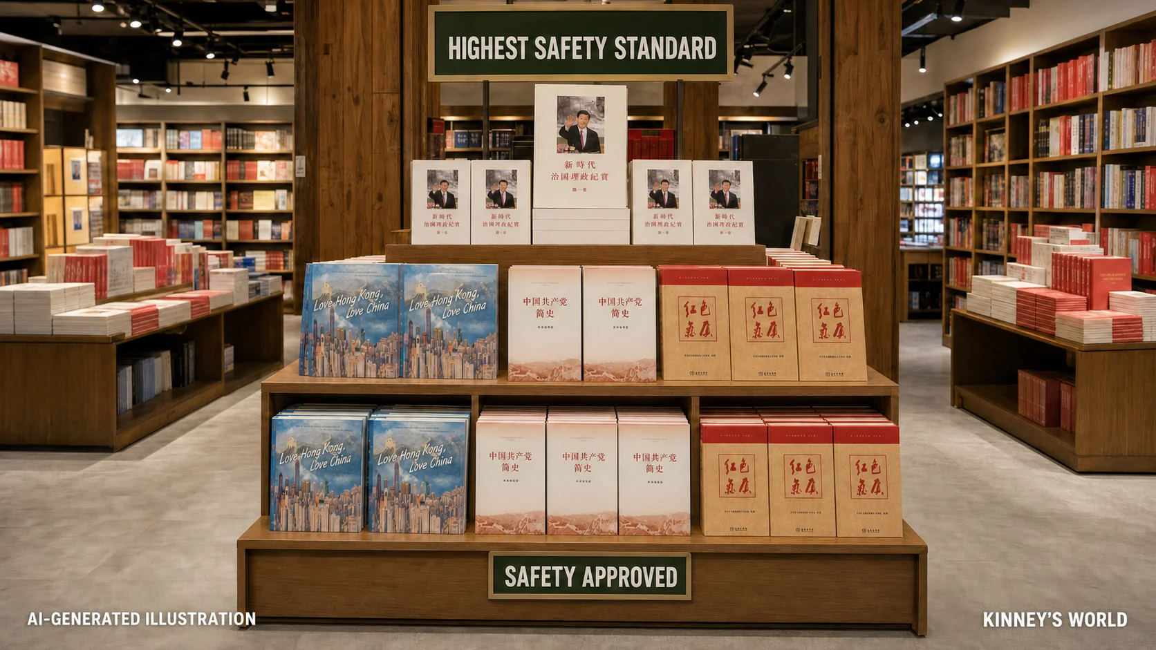 A bookstore displays safety-approved patriotic books under the highest safety standard