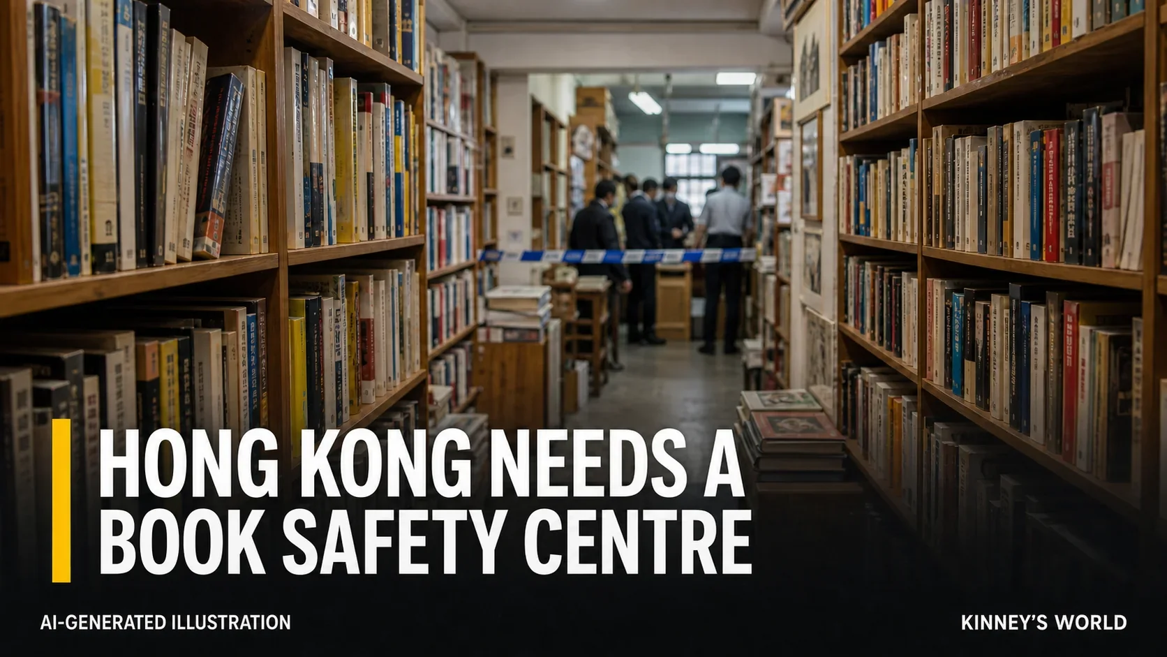 Hong Kong Needs a Book Safety Centre, an AI-generated illustration of enforcement inside a bookshop